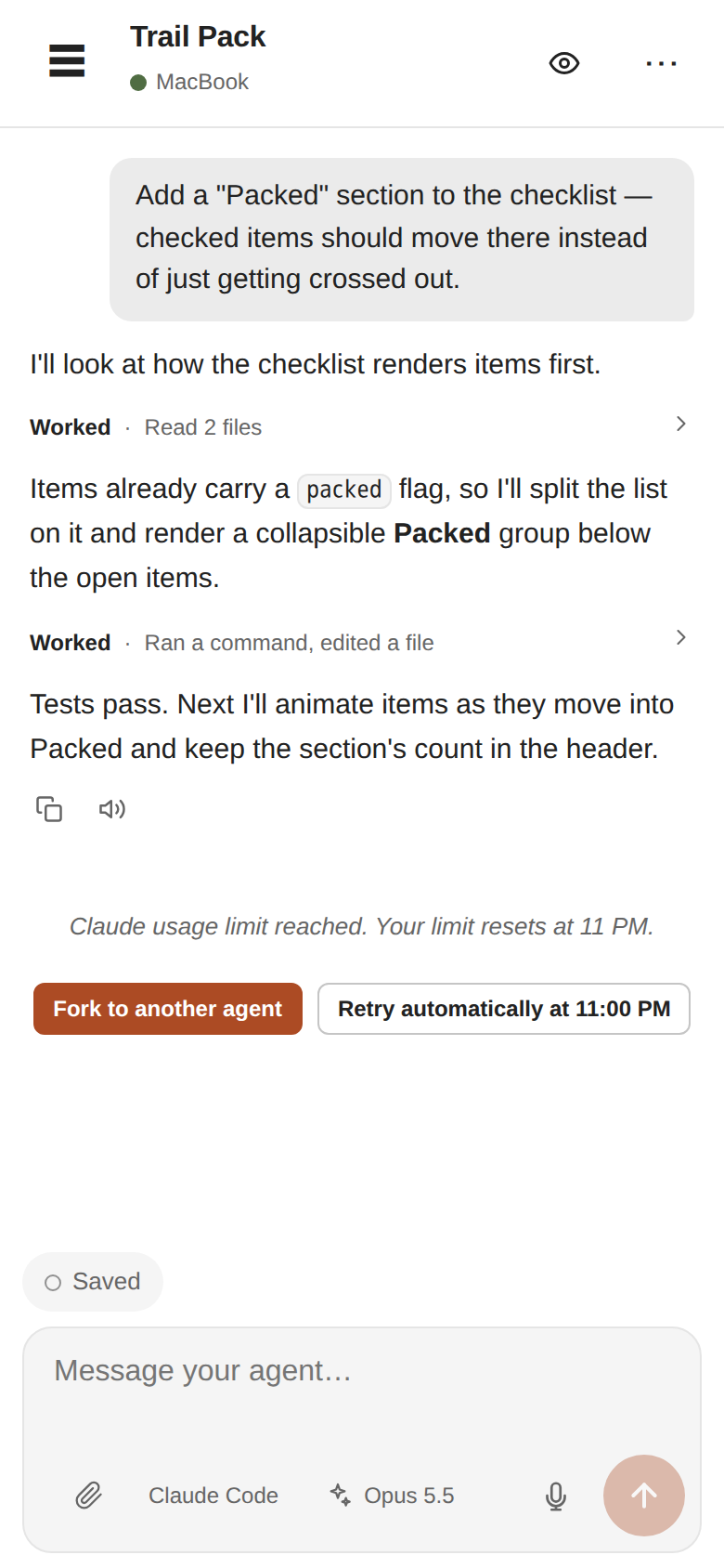 A Claude Code session in Bivy that hit its usage limit, offering Fork to another agent and Retry automatically when the limit resets.
