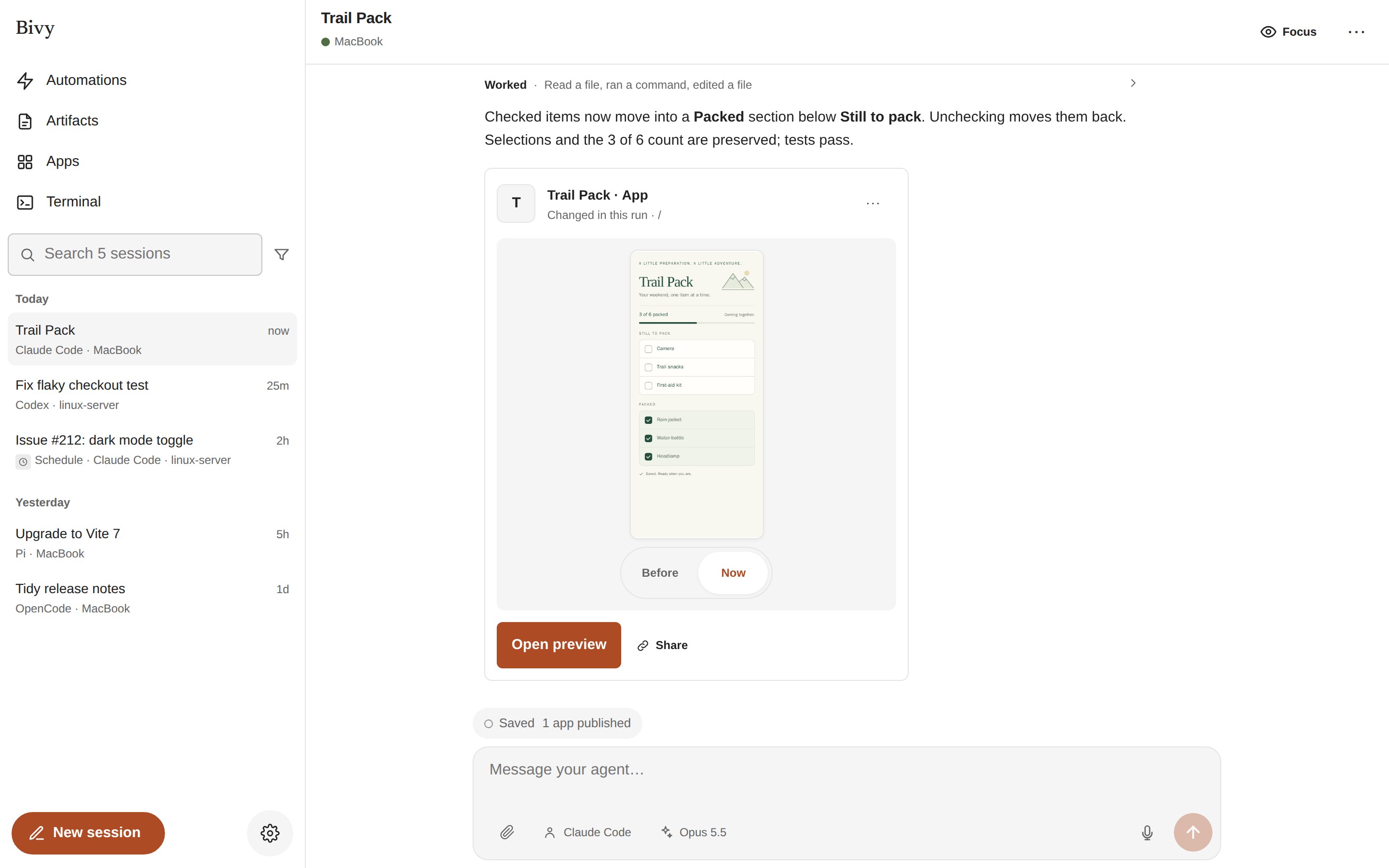 A Bivy session: the request to move checked items into a Packed section, the agent’s reply, and a review card showing the running app before and after the change. Other sessions on Codex and Pi are listed alongside.