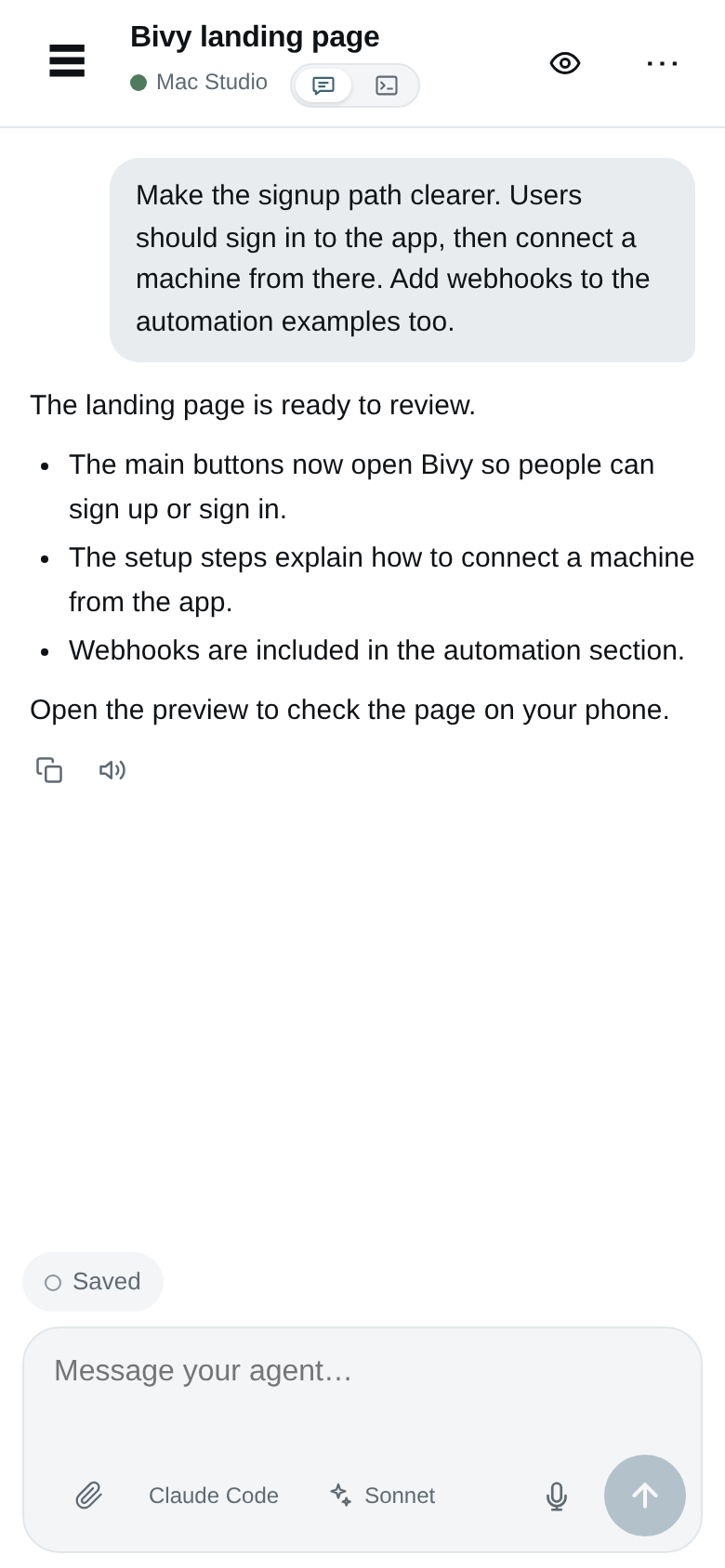 A Bivy session with the Chat / Terminal toggle, agent response, and message composer.