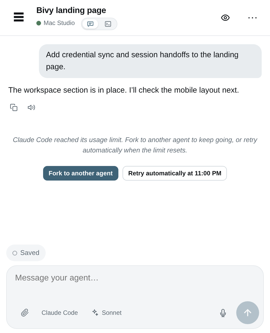 Bivy shows Claude Code’s usage-limit notice, with options to fork to another agent or retry automatically at 11:00 PM.