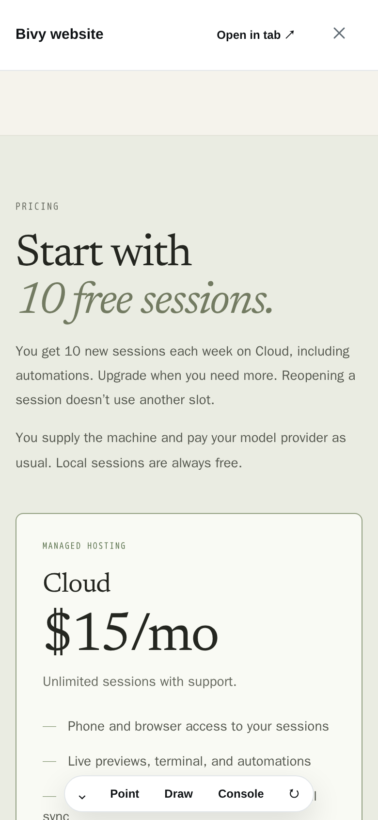 Bivy’s live fullscreen preview displaying the landing page being built.