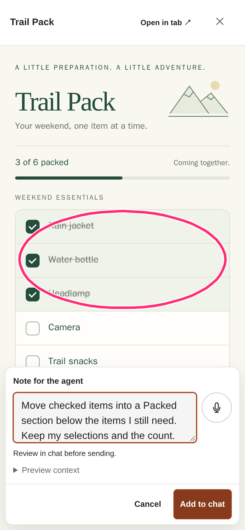 Bivy’s Draw tool circles the checked items in Trail Pack. A note asks the agent to move them into a Packed section while keeping selections and the count.
